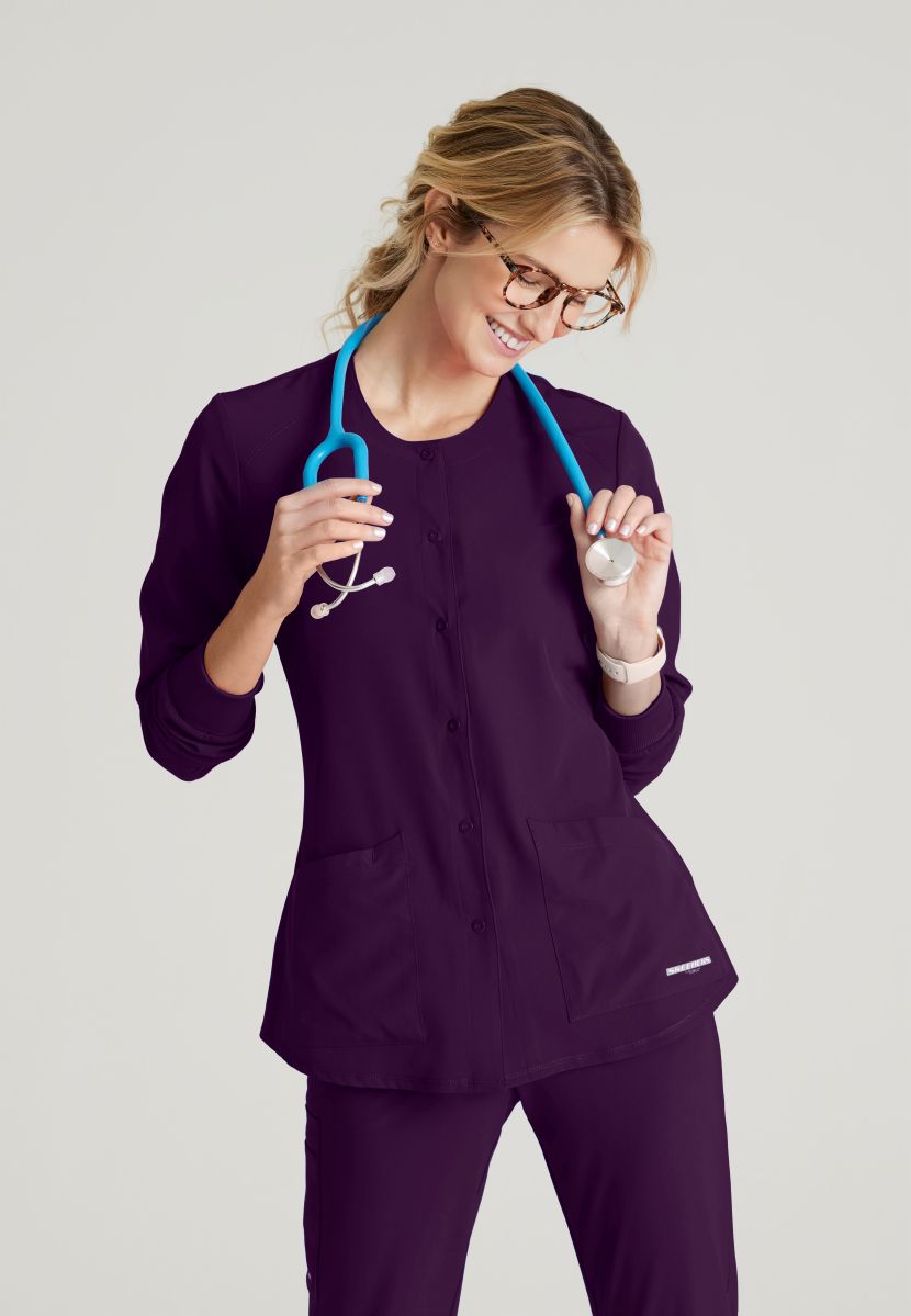 Skechers Women's 2 Pocket Warm-Up Scrub Jacket With Eco-Friendly Stretch Fabric | Eggplant