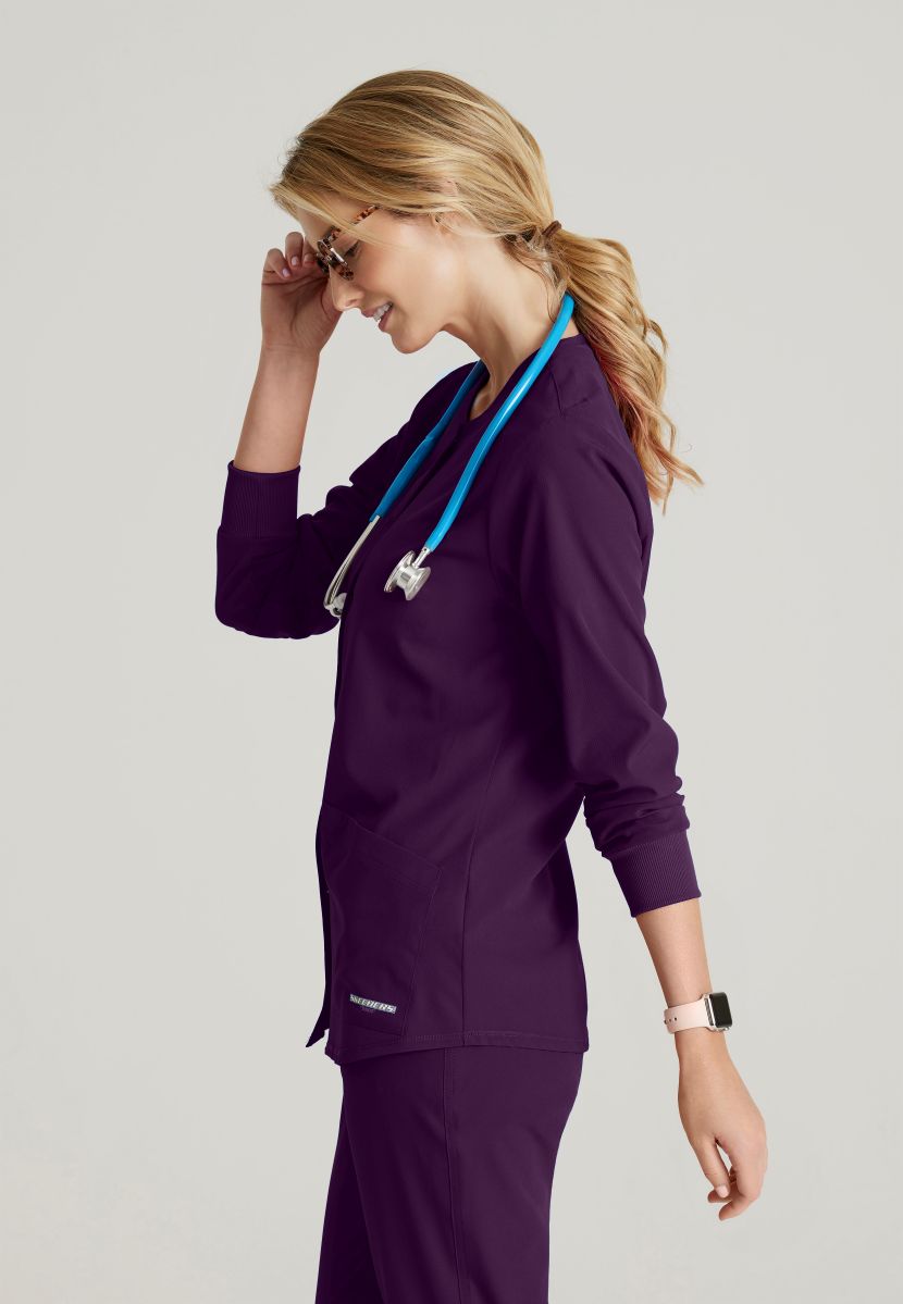 Skechers Women's 2 Pocket Warm-Up Scrub Jacket With Eco-Friendly Stretch Fabric | Eggplant