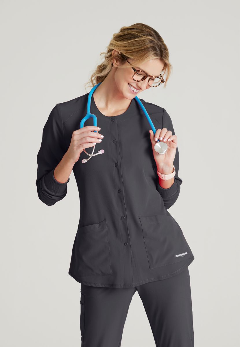 Skechers Women's 2 Pocket Warm-Up Scrub Jacket With Eco-Friendly Stretch Fabric | Pewter Grey
