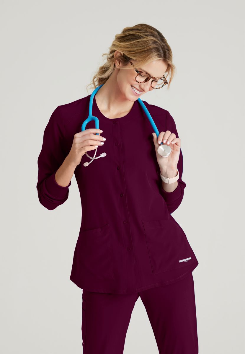 Skechers Women's 2 Pocket Warm-Up Scrub Jacket With Eco-Friendly Stretch Fabric | Wine