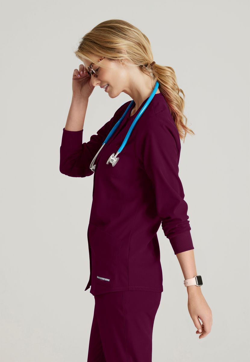 Skechers Women's 2 Pocket Warm-Up Scrub Jacket With Eco-Friendly Stretch Fabric | Wine