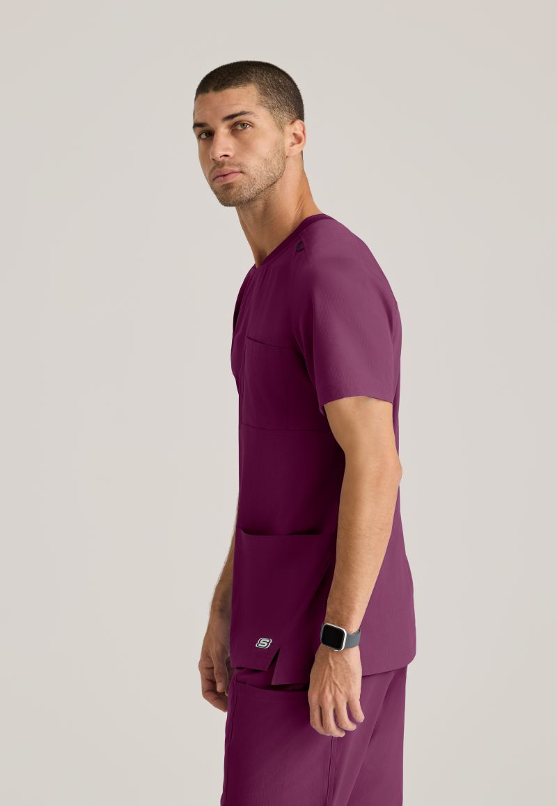 SKECHERS MALE THESIS THREE POCKET, ROUNDED NECKLINE SCRUB TOP | Wine