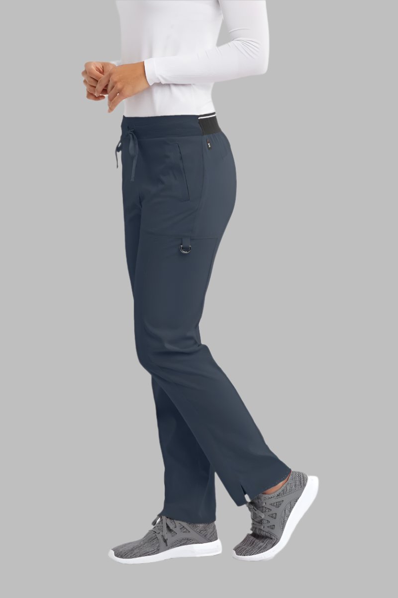 Greys Anatomy Kim 3 Pocket Elastic Back Waistband Zip-Pocket Pants PETITE (29") leg length  | Steel