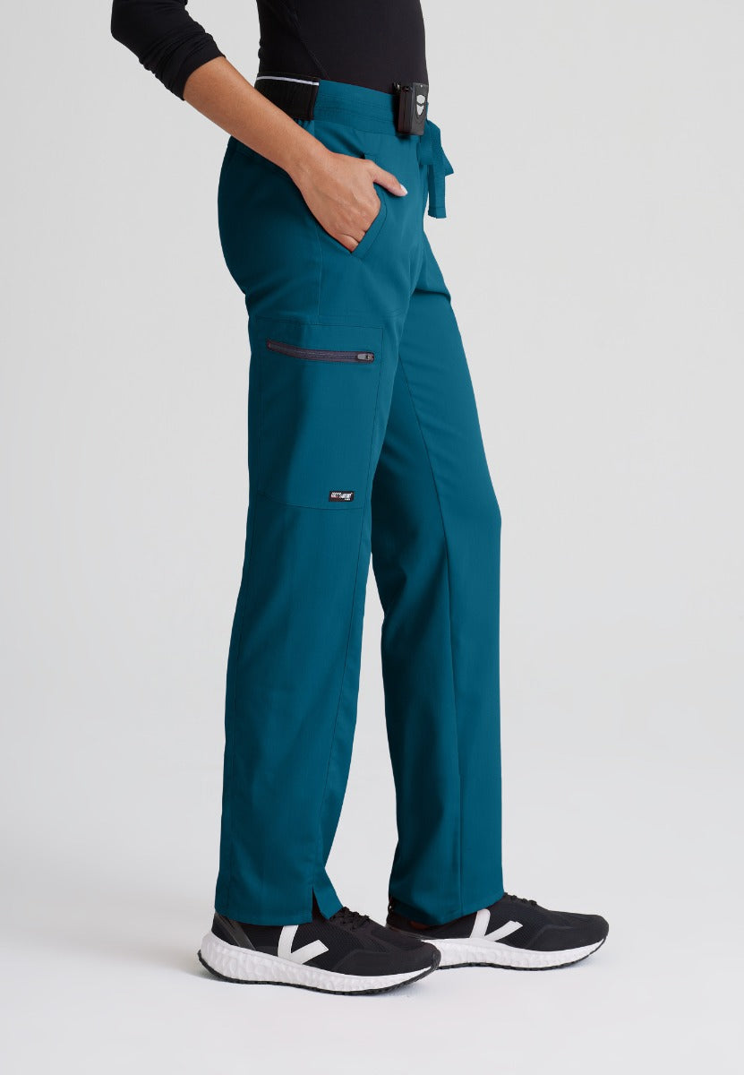Greys Anatomy Kim 3 Pocket Elastic Back Waistband Zip-Pocket Pants | Bahama / Caribbean