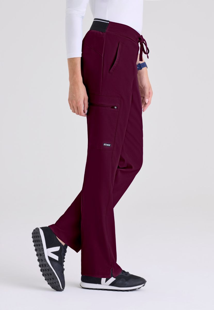 Greys Anatomy Kim 3 Pocket Elastic Back Waistband Zip-Pocket Pants | Wine