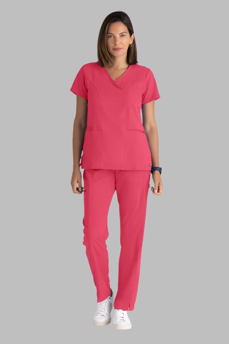 Greys Anatomy V-Neck Kim Top with Zip Front Pocket | Rose Splash