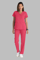 Greys Anatomy V-Neck Kim Top with Zip Front Pocket | Rose Splash