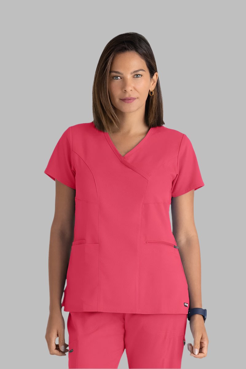 Greys Anatomy V-Neck Kim Top with Zip Front Pocket | Rose Splash