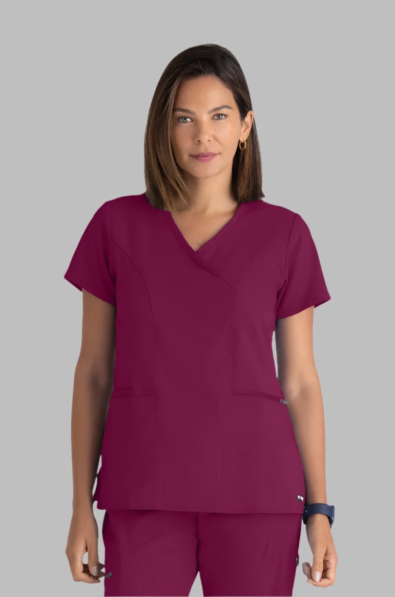 Greys Anatomy V-Neck Kim Top with Zip Front Pocket | Wine