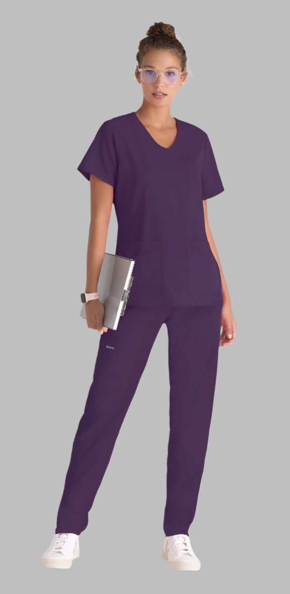 Greys Anatomy Emma 4 pocket, V-neck scrub top with angled seams | Eggplant