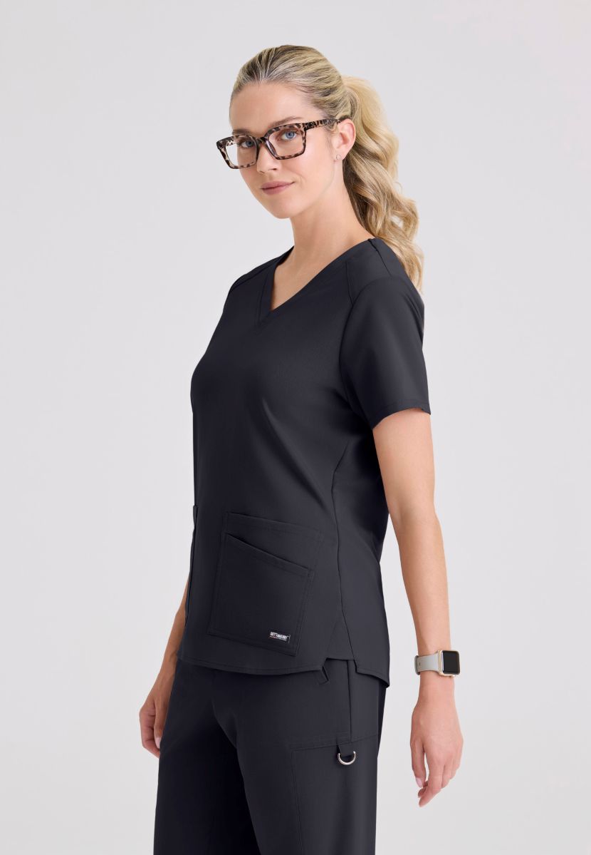 Greys Anatomy Emma 4 pocket, V-neck scrub top with angled seams | Steel