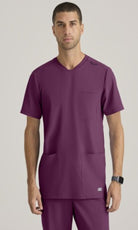 SKECHERS MALE THESIS THREE POCKET, ROUNDED NECKLINE SCRUB TOP | Wine